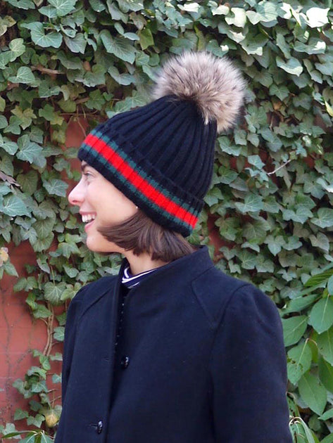 Racing Stripe Hat with Fur Pompom - Red – Buggy NYC