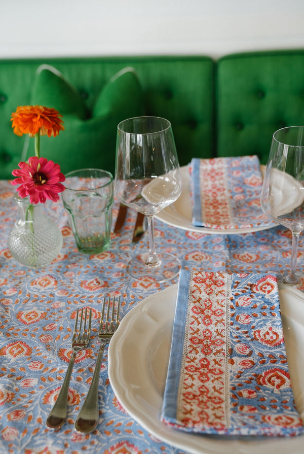 Faridabad Flower Napkins in Blue and Orange, Set of 4