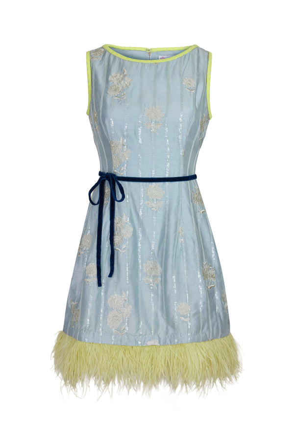 Soiree Feather Dress in Grey Blue