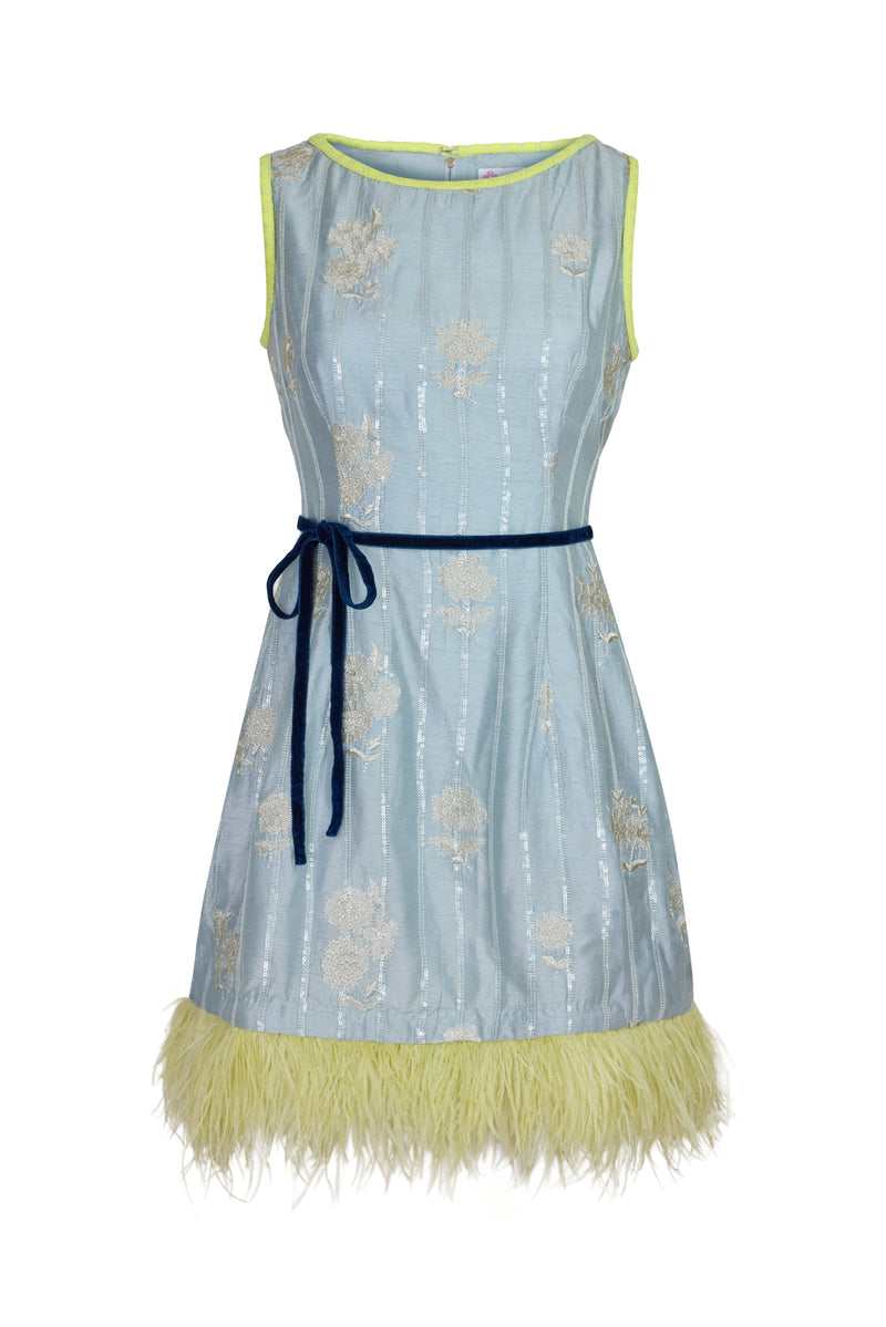 Soiree Feather Dress in Grey Blue