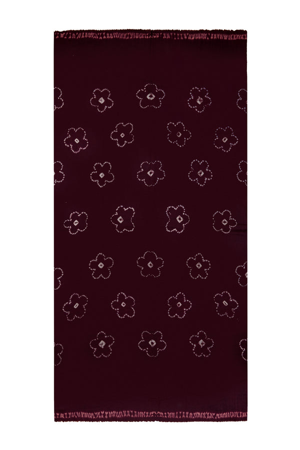 Shibori Flowers Pashmina - Brown with Pink Edge