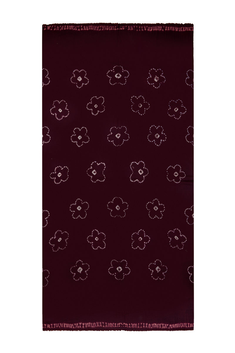 Shibori Flowers Pashmina - Brown with Pink Edge
