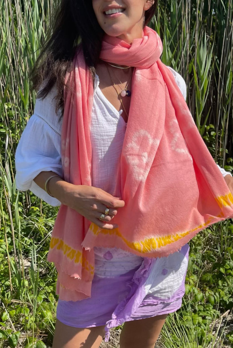 Shibori Flowers Pashmina - Coral with Marigold Edge