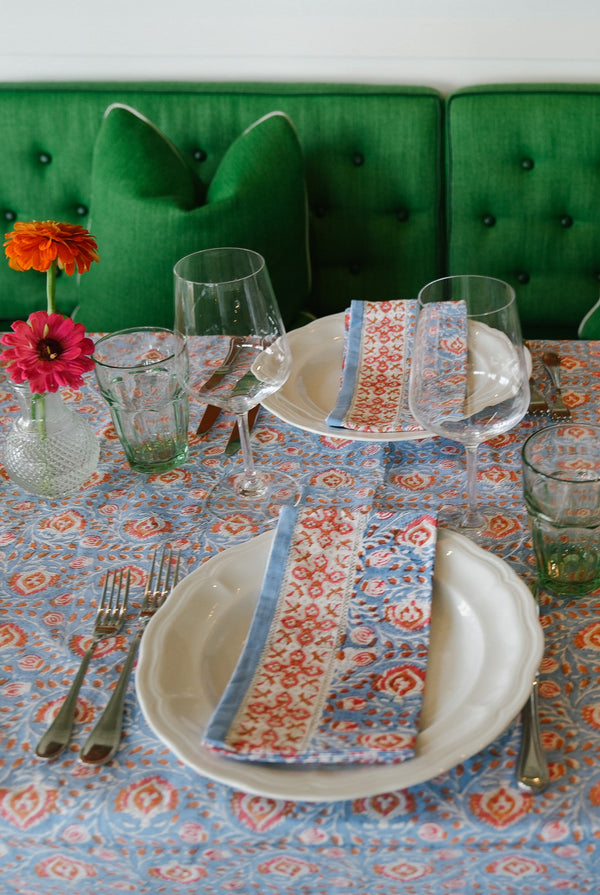 Faridabad Flower Napkins in Blue and Orange, Set of 4