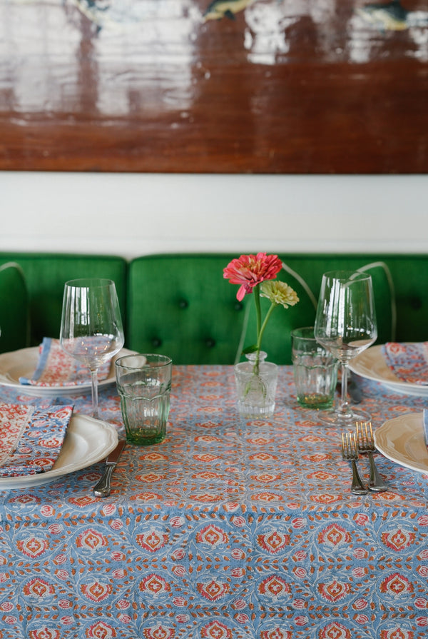 Faridabad Flower Tablecloth with Cross Border - Blue and Orange