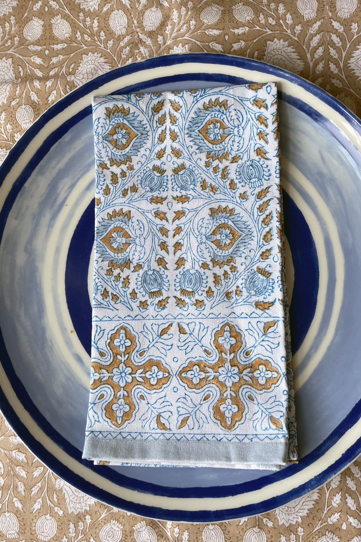 Faridabad Flower Napkins in Blue and Gold, Set of 4
