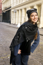 Shibori Flowers Pashmina - Black with Denim Edge