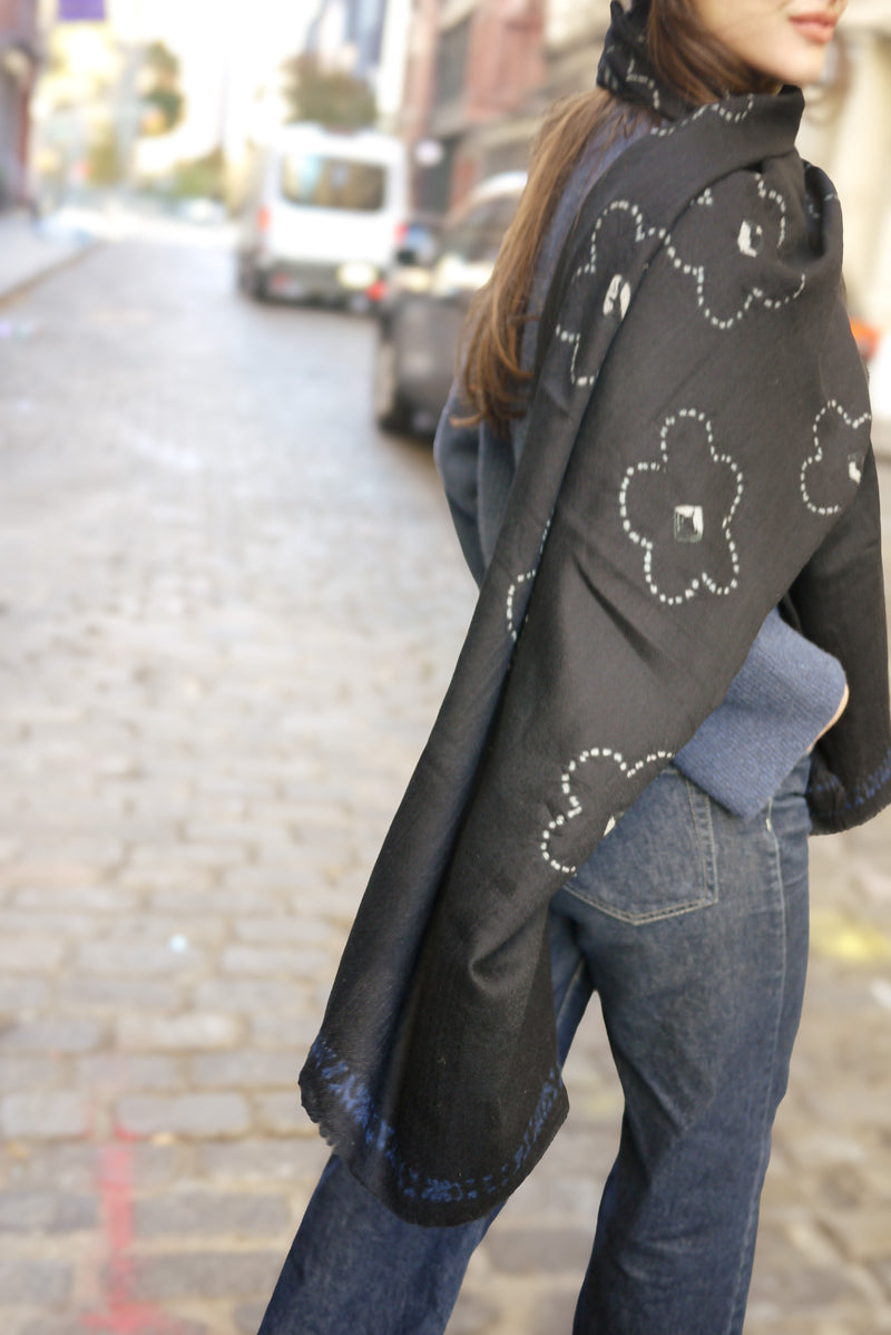 Shibori Flowers Pashmina - Black with Denim Edge