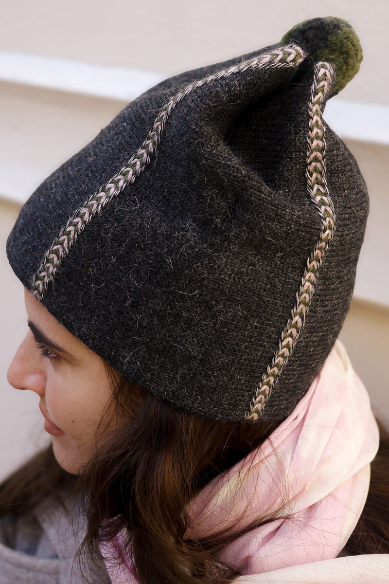 Teton Beanie - Charcoal with Green and Lilac Embroidery