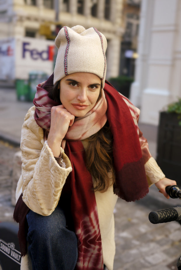 Teton Beanie - Oatmeal Heather with Light Blue and Red Embroidery