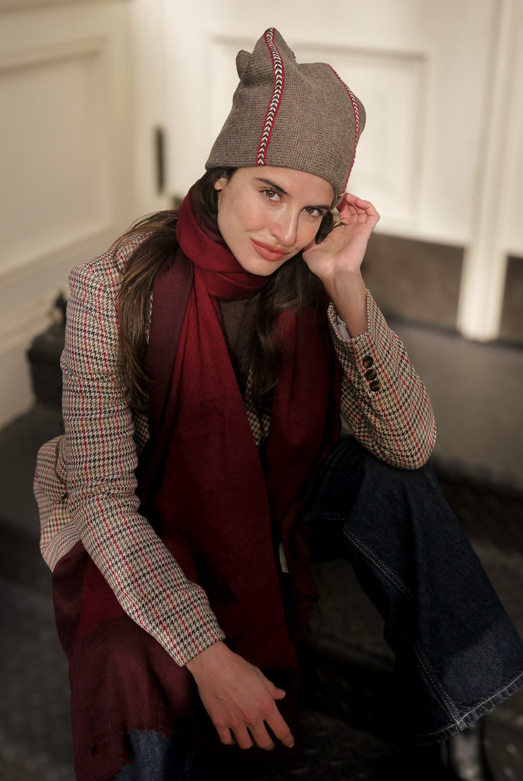 Teton Beanie - Cocoa with Red Embroidery