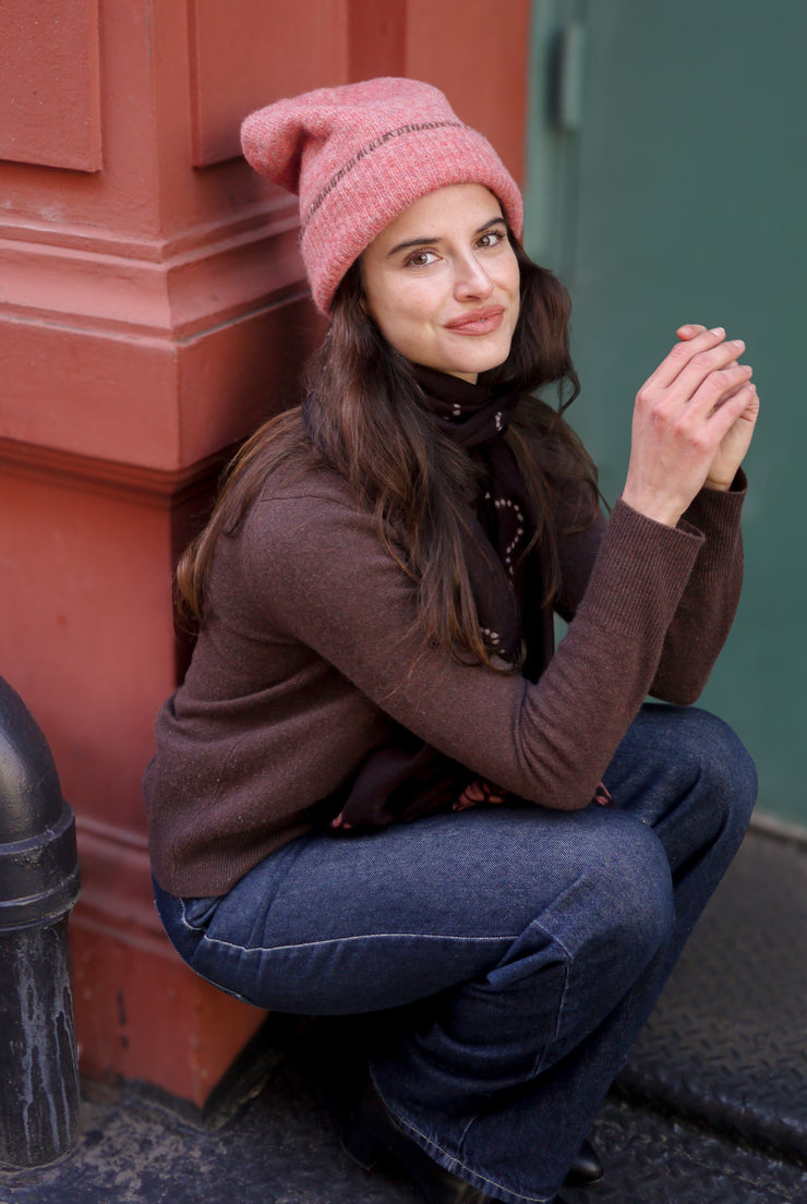 Bleecker Beanie Embroidered - Coral with Cinnamon Blanket Stitch