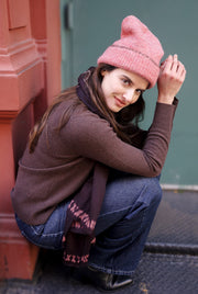 Bleecker Beanie Embroidered - Coral with Cinnamon Blanket Stitch