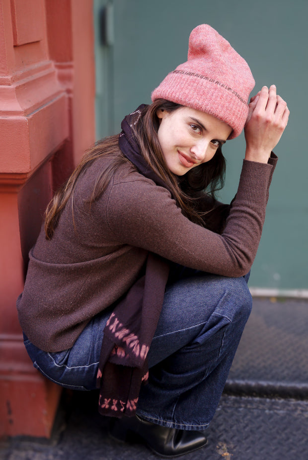 Bleecker Beanie Embroidered - Coral with Cinnamon Blanket Stitch