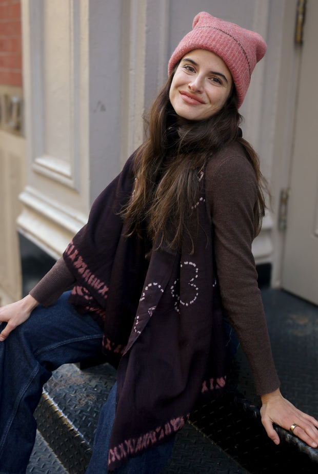 Shibori Flowers Pashmina - Brown with Pink Edge