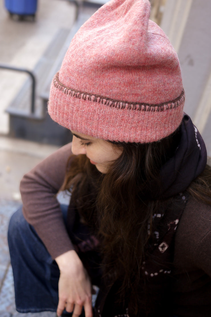 Bleecker Beanie Embroidered - Coral with Cinnamon Blanket Stitch