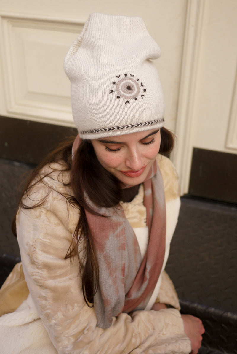 Evil Eye Beanie - Cream with Brown Embroidery