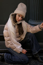 Reversible Bank Street Beanie Embroidered - Oatmeal and Tan with Lavender Blanket Stitch