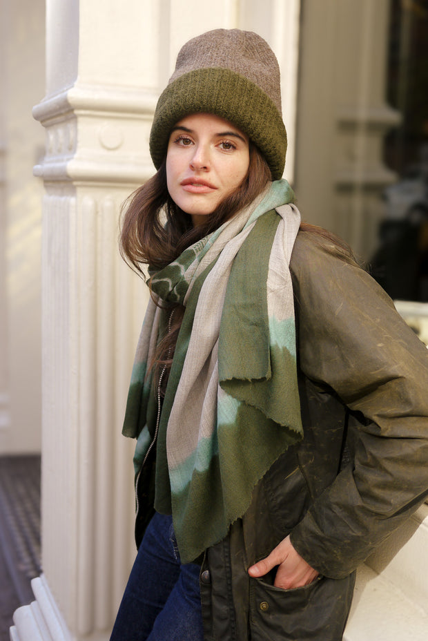 Reversible Bank Street Beanie - Dark Green and Cocoa