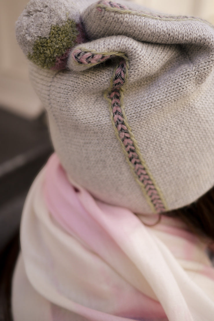 Teton Beanie - Light Gray with Light Green and Lilac Embroidery