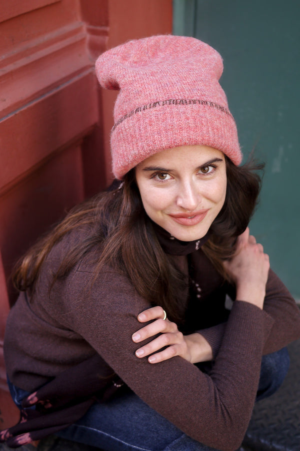 Bleecker Beanie Embroidered - Coral with Cinnamon Blanket Stitch
