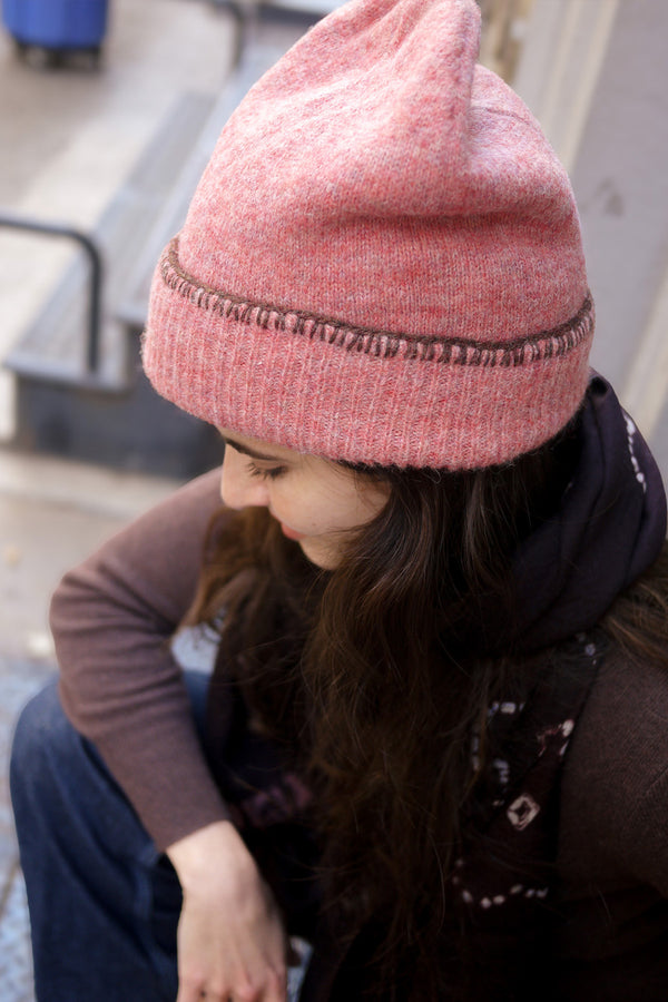Bleecker Beanie Embroidered - Coral with Cinnamon Blanket Stitch