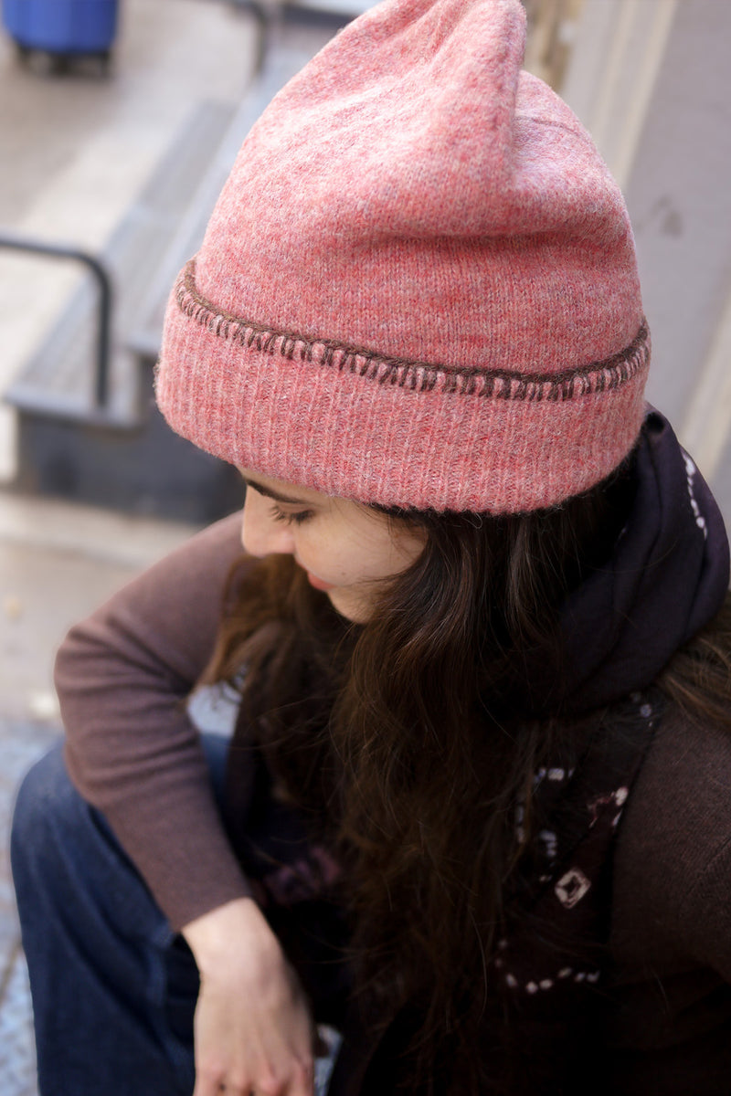 Bleecker Beanie Embroidered - Coral with Cinnamon Blanket Stitch