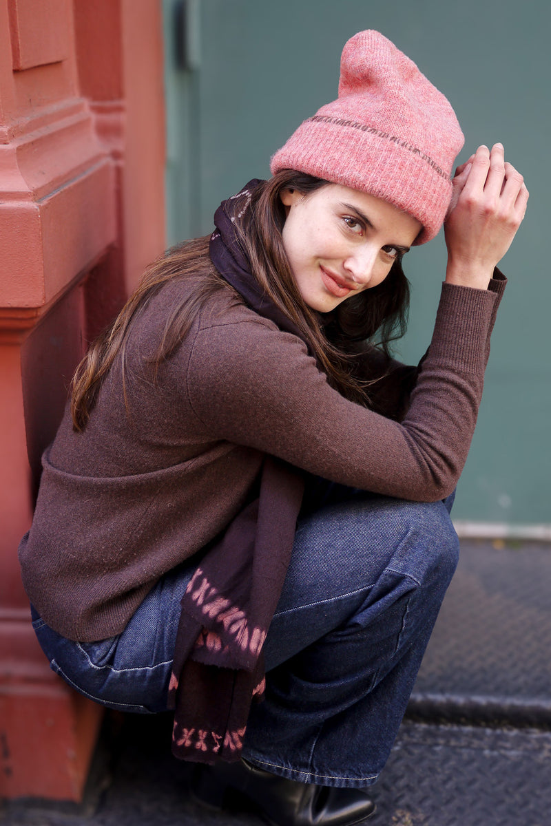 Bleecker Beanie Embroidered - Coral with Cinnamon Blanket Stitch