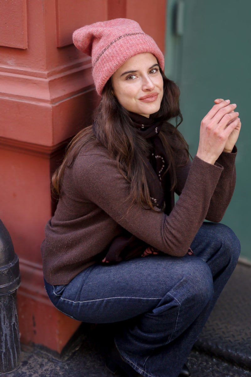 Bleecker Beanie Embroidered - Coral with Cinnamon Blanket Stitch