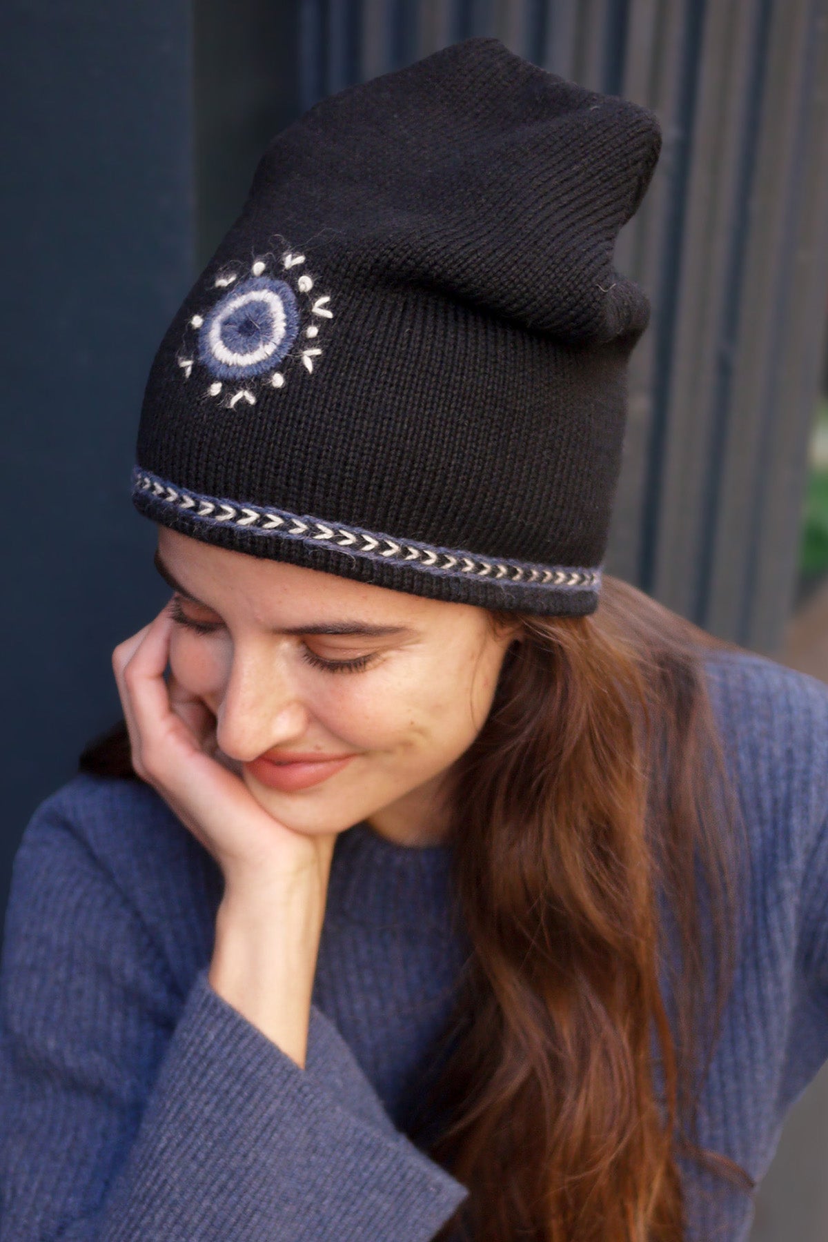 Evil Eye Beanie - Black with Blue Embroidery – Buggy NYC