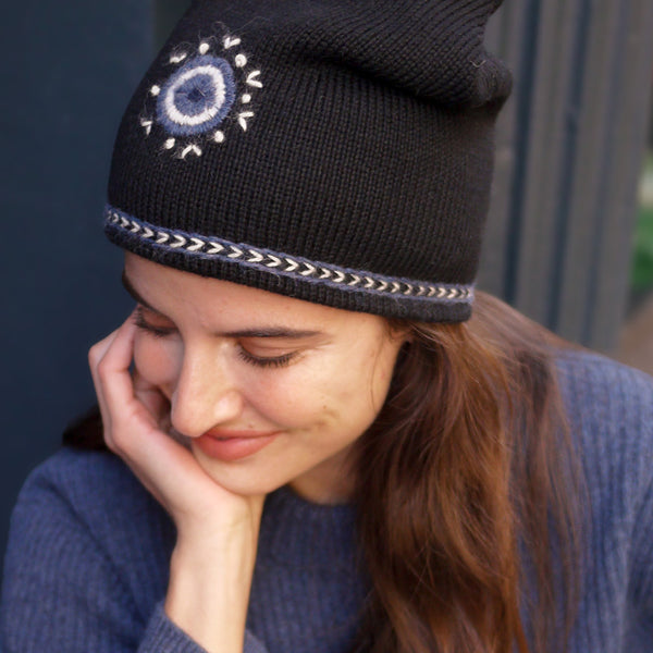 Evil Eye Beanie - Black with Blue Embroidery – Buggy NYC