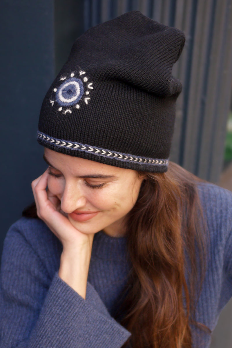 Evil Eye Beanie - Black with Blue Embroidery
