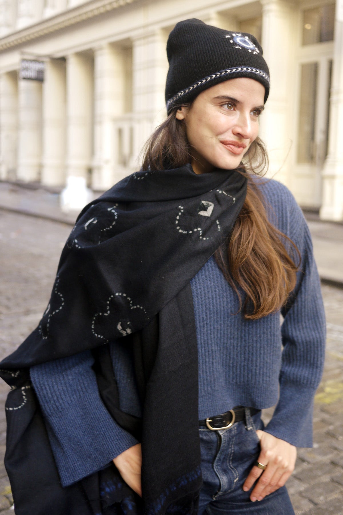 Evil Eye Beanie - Black with Blue Embroidery – Buggy NYC
