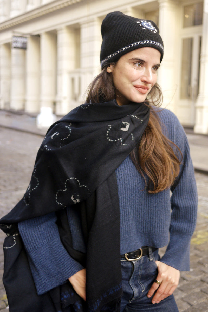 Evil Eye Beanie - Black with Blue Embroidery