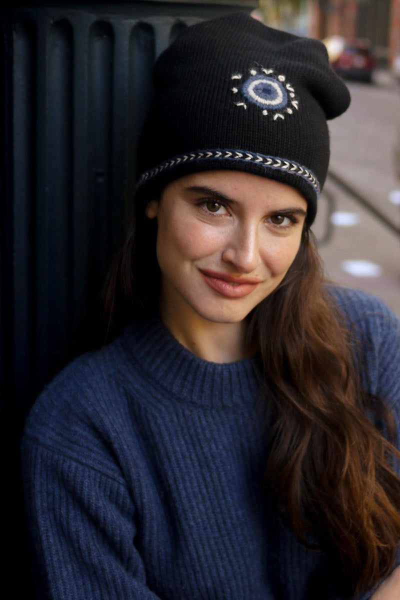 Evil Eye Beanie - Black with Blue Embroidery
