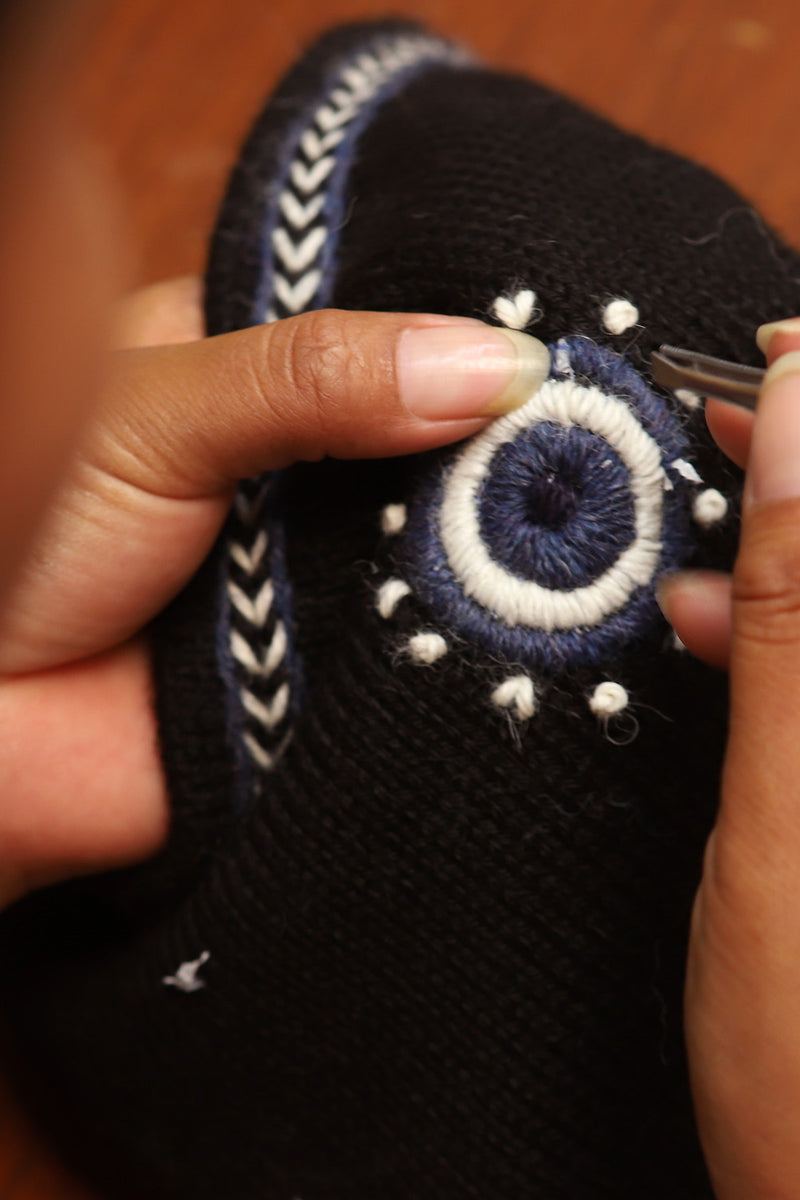 Evil Eye Beanie - Black with Blue Embroidery