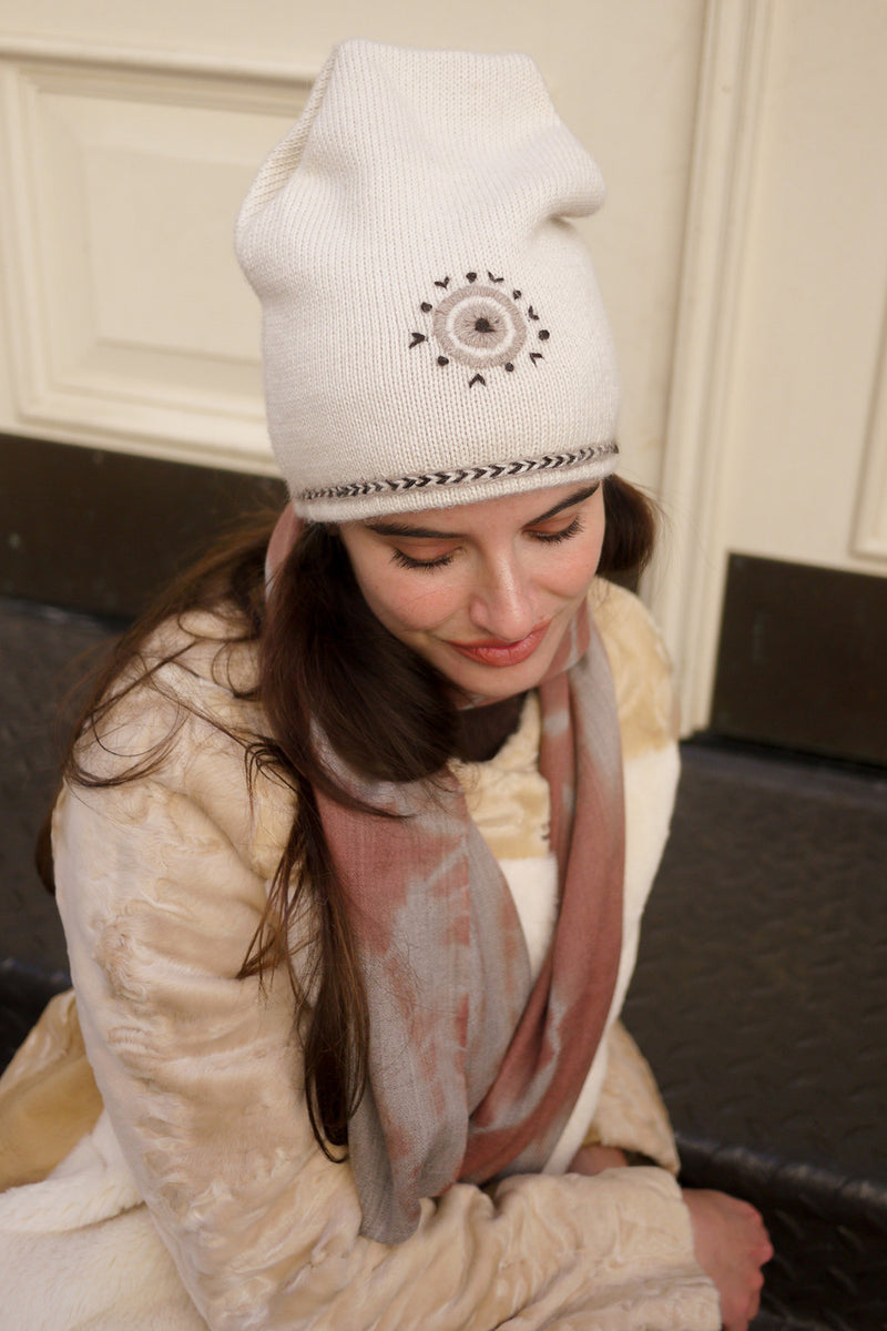 Evil Eye Beanie - Cream with Brown Embroidery