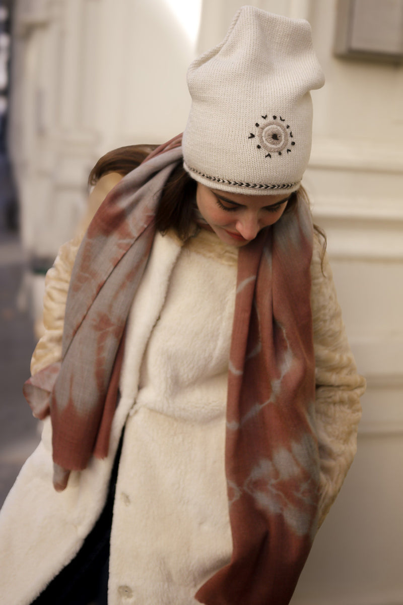 Evil Eye Beanie - Cream with Brown Embroidery