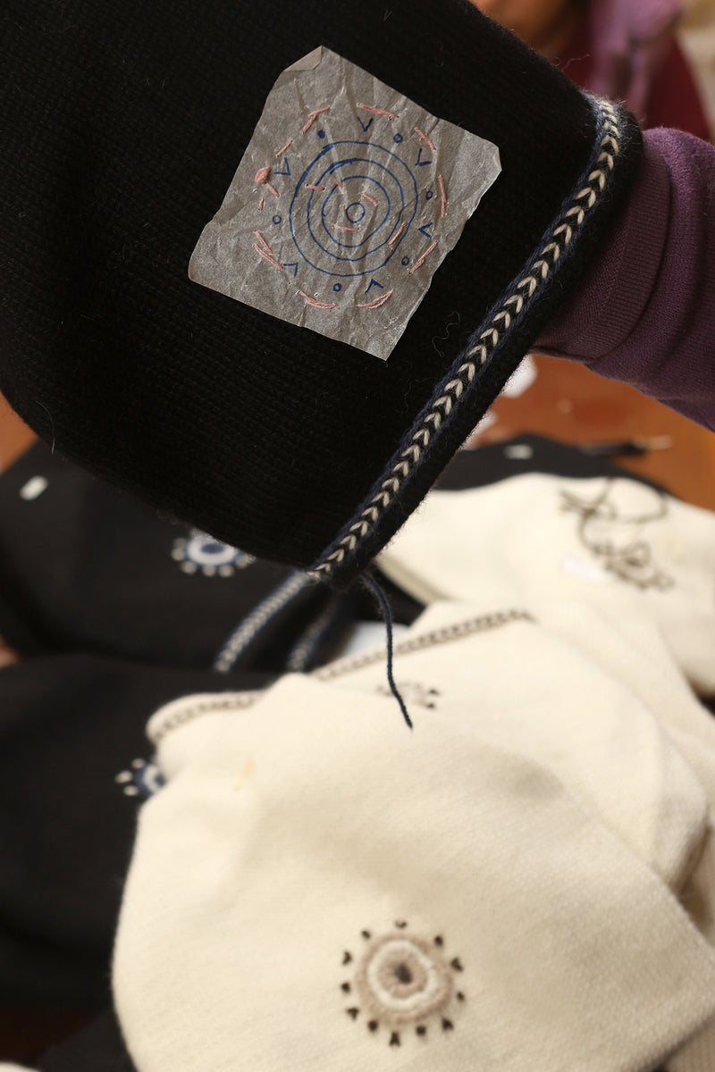 Evil Eye Beanie - Cream with Brown Embroidery