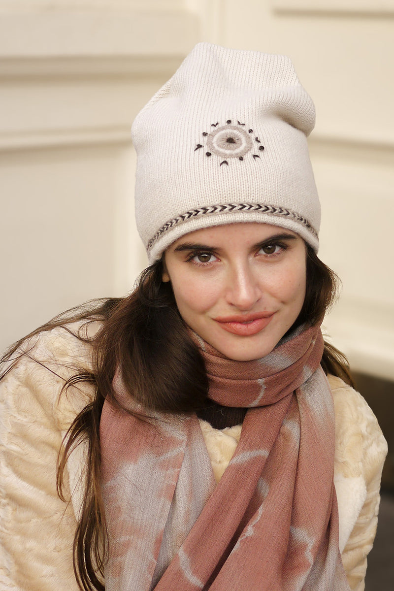 Evil Eye Beanie - Cream with Brown Embroidery