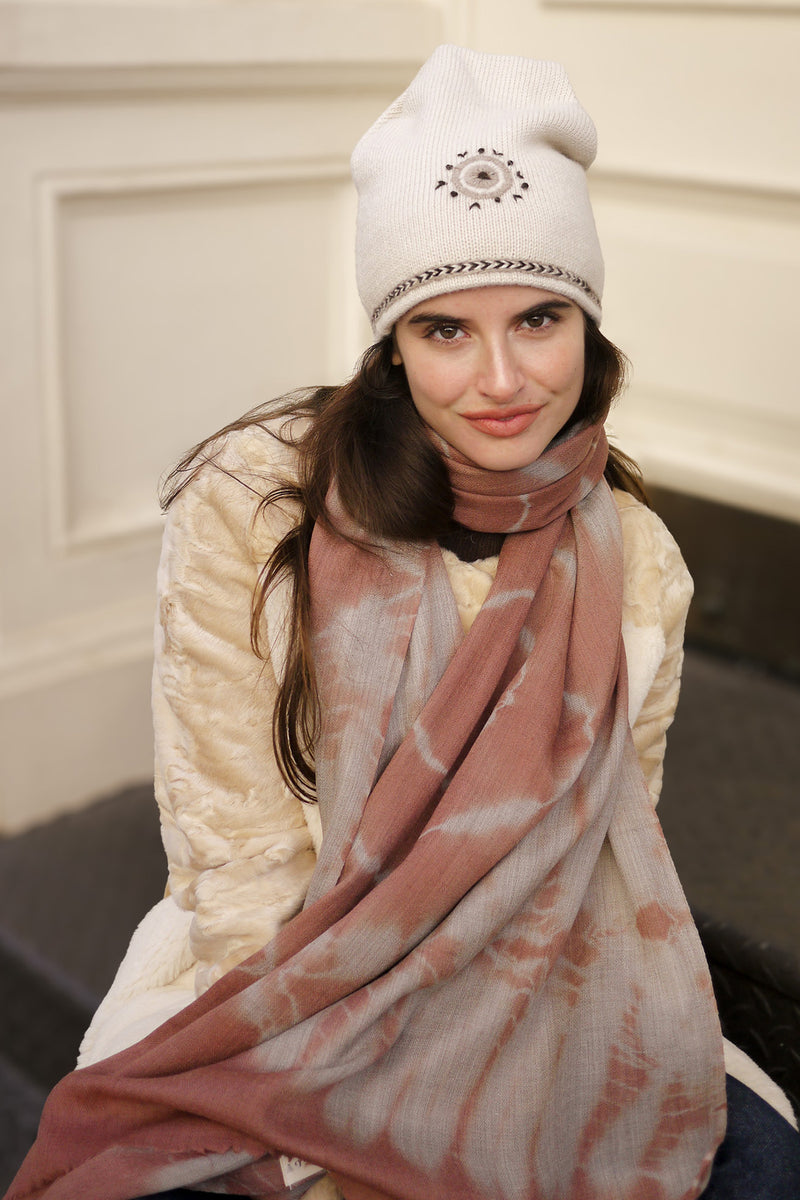 Evil Eye Beanie - Cream with Brown Embroidery