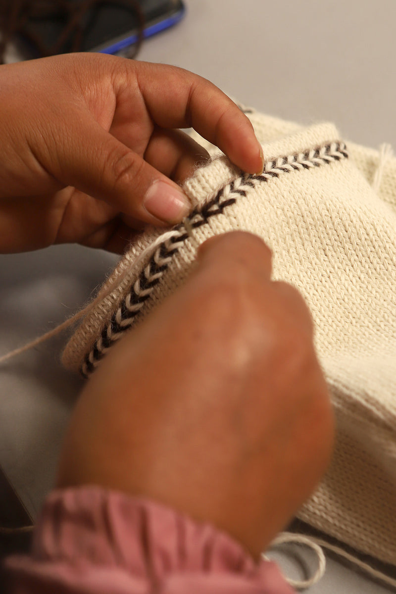 Evil Eye Beanie - Cream with Brown Embroidery