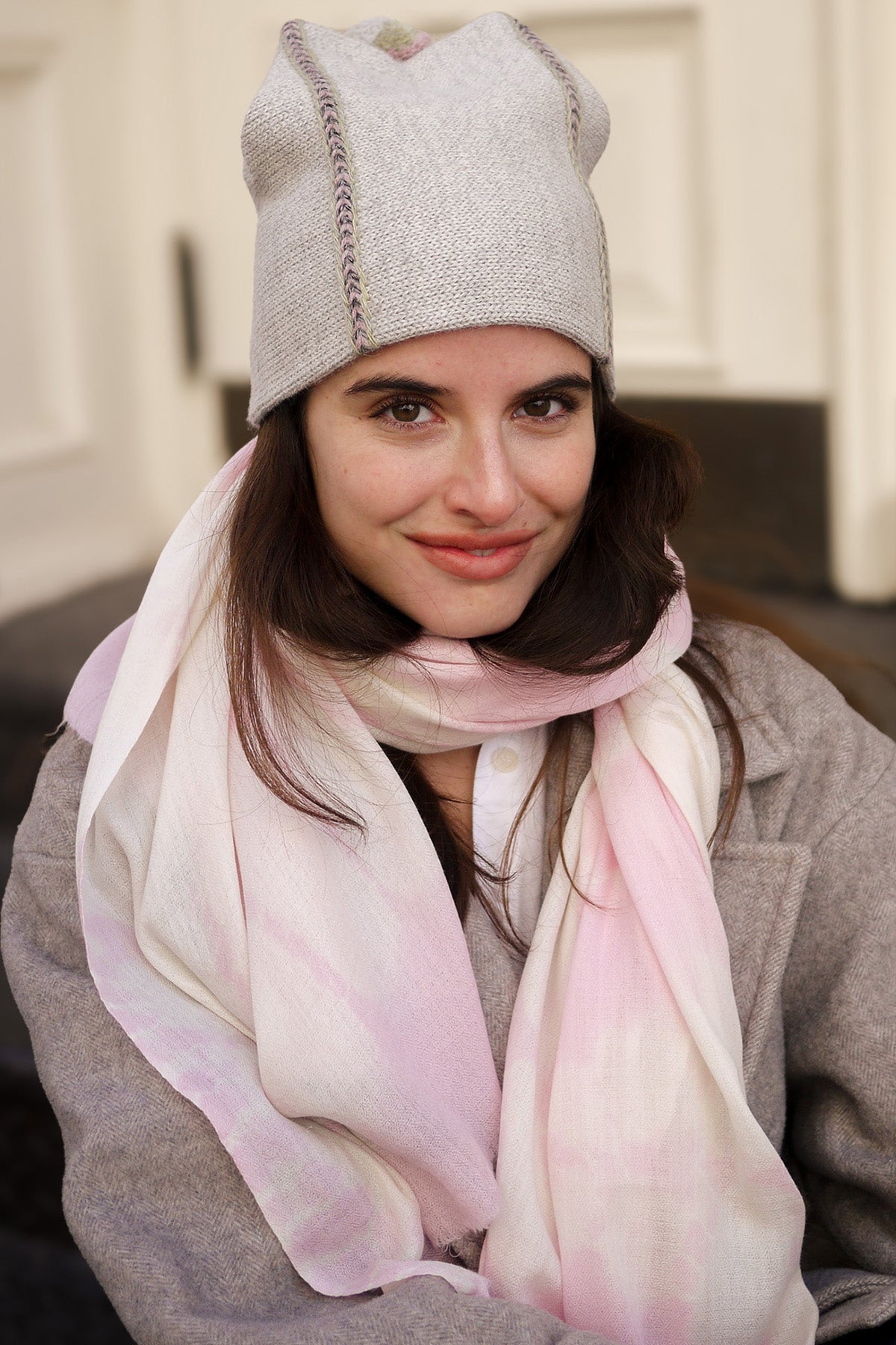 Evil Eye Hand Dyed Pashmina - Light Pink on Ivory Base – Buggy NYC