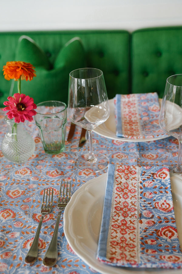 Faridabad Flower Napkins in Blue and Orange, Set of 4