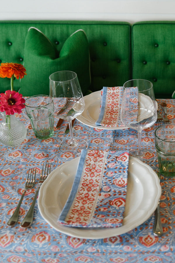 Faridabad Flower Napkins in Blue and Orange, Set of 4