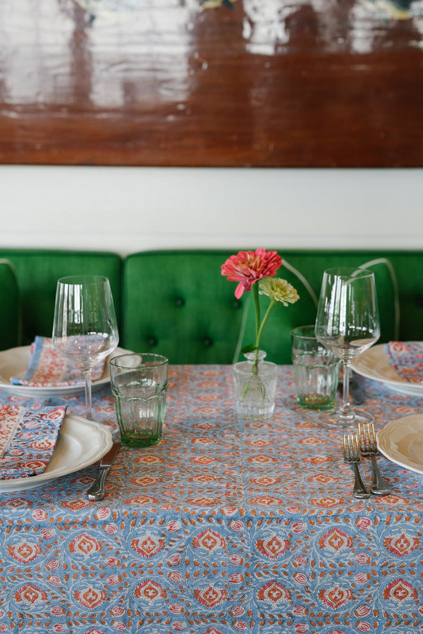 Faridabad Flower Tablecloth with Cross Border - Blue and Orange