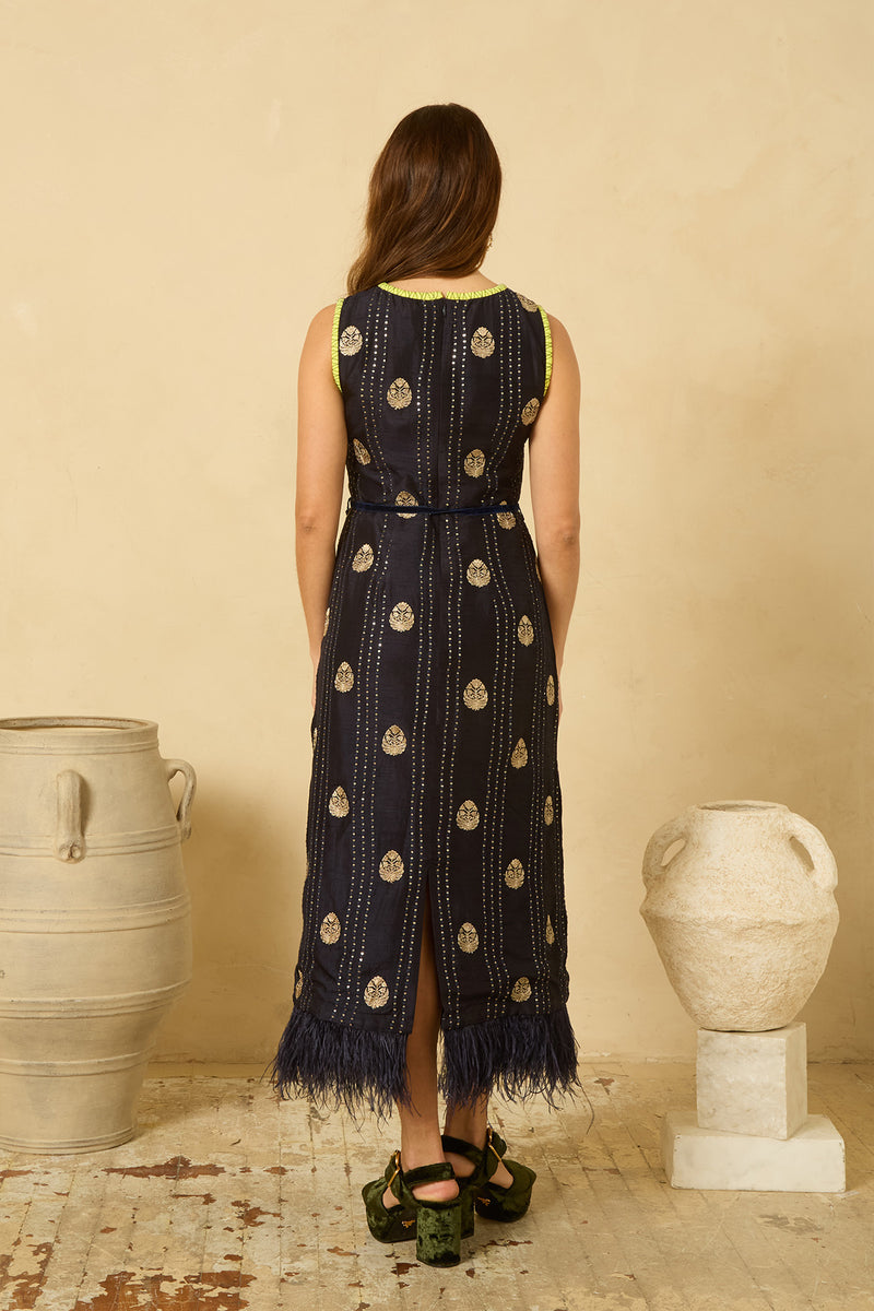 Fête Feather Dress in Midnight Blue