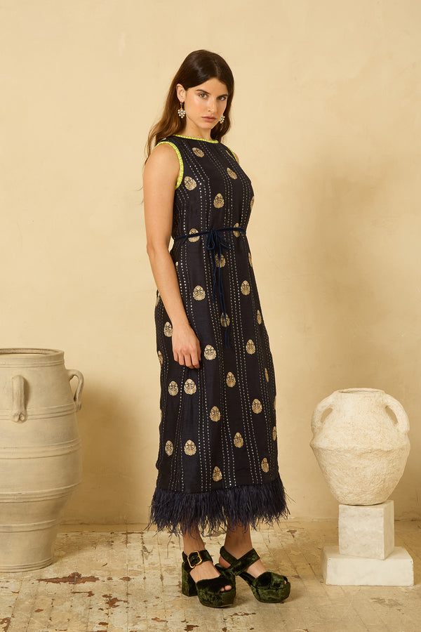 Fête Feather Dress in Midnight Blue