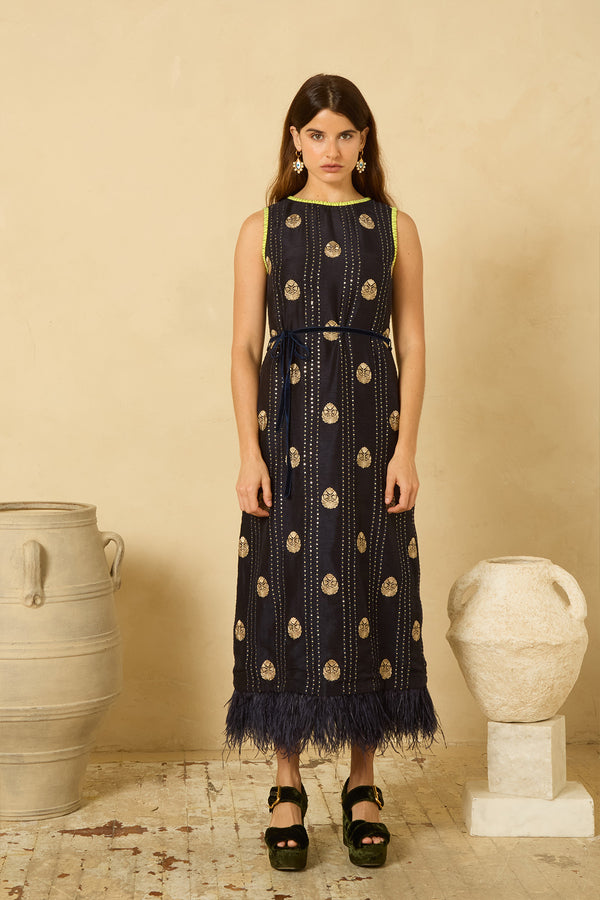Fête Feather Dress in Midnight Blue