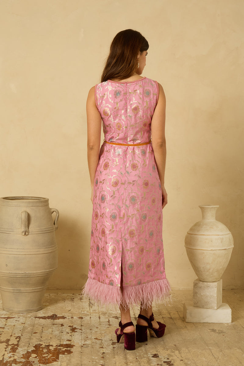 Fête Feather Dress in Pink Varanasi
